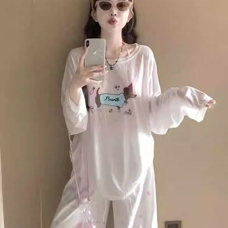 Korean-Style Outfits Are Super Stylish, and the Cartoon Sun-Protective Long-Sleeved T-Shirt for Women Is Perfect for Summer, with a Loose-Fitting Off-The-Shoulder Sheer Cover-Up Top