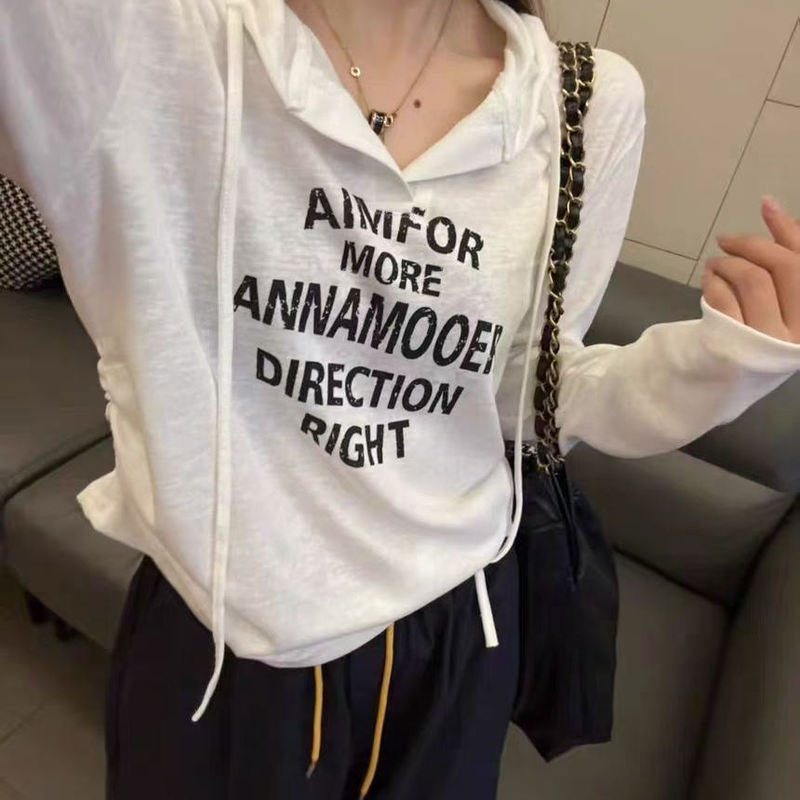 Korean Dongdaemun Early Autumn New Stylish Slim-Fit Pleated Slimming Letter Print Drawstring Hooded Long-Sleeve T-Shirt for Women