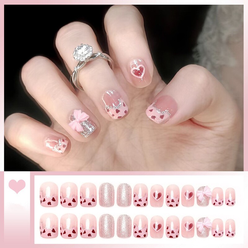 Pink Leopard Children's Wearable Nails Short Style 2026 New Gentle Manicure Bowknot Student Shiny Heart Nail Stickers
