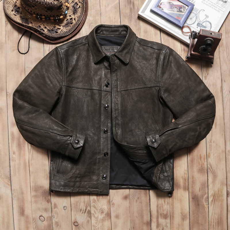 American Casual Lapel Men's Genuine Leather Shirt, Vintage Distressed Oil Waxed Goatskin Jacket, Spring and Autumn Short Leather Coat