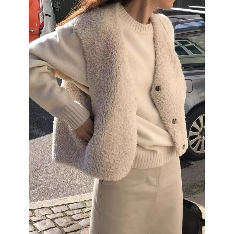 Zhang Ruonan Style Ounce Korean Dongdaemun Reversible Vest, Lamb Wool Fur, Warm and Fashionable