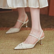 Lei Xiaocheng Fine Heel High Heel Shoes Baotou Pointy Rice White Hollowed-out Genuine Leather Sandal Girl Temperament After Work Empty Single Shoes