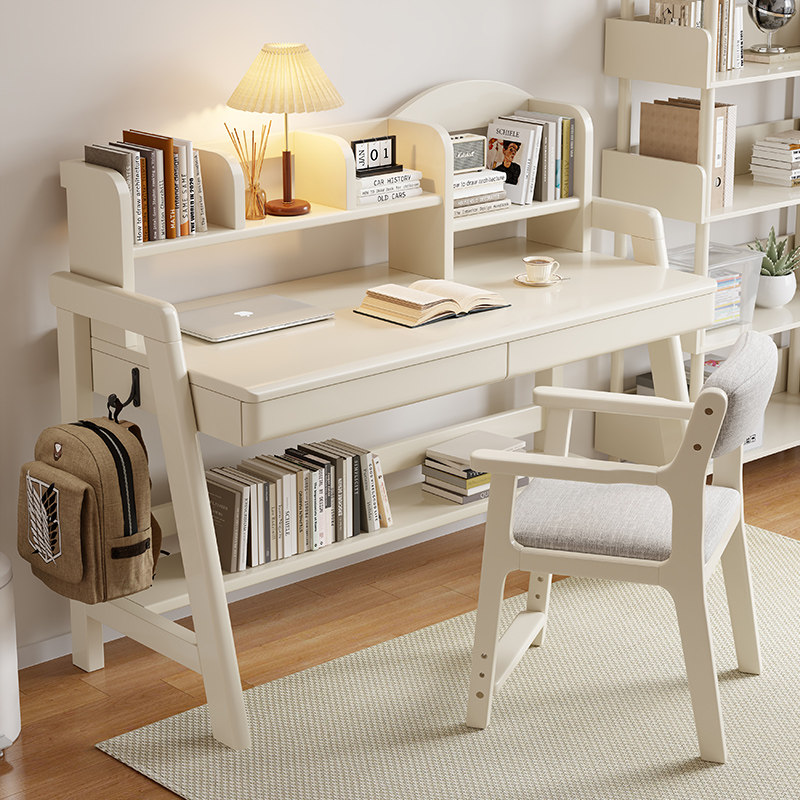 Nordic White Solid Wood Desk Bookshelves Integrated Table Brief Students Home Study Desk Bedroom Computer Desk Children-Taobao