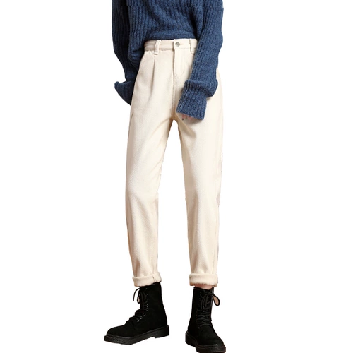 Флисовые джинсы с начесом, осенние зимние штаны, высокая талия, коллекция 2021, свободный прямой крой