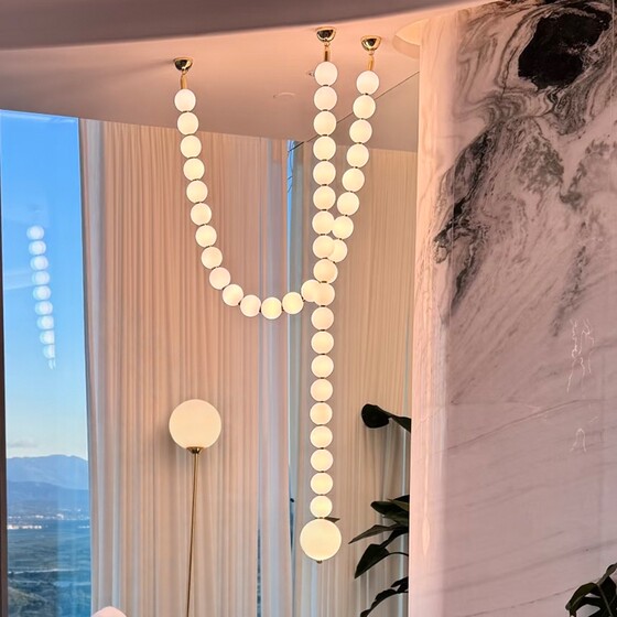 French-Style Duplex Staircase Chandelier, Cream-Style Dining Room Lamp, Designer Retro Pearl Necklace, Living Room Background Wall Lighting Fixtures
