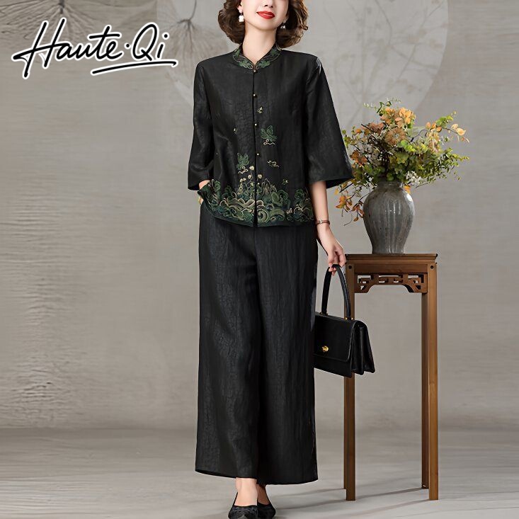 Hauteqi Luxury New High-End New Chinese Style National Style Embroidered Silk Xiangyun Yarn Craft Crackle Pattern Two-Piece Set