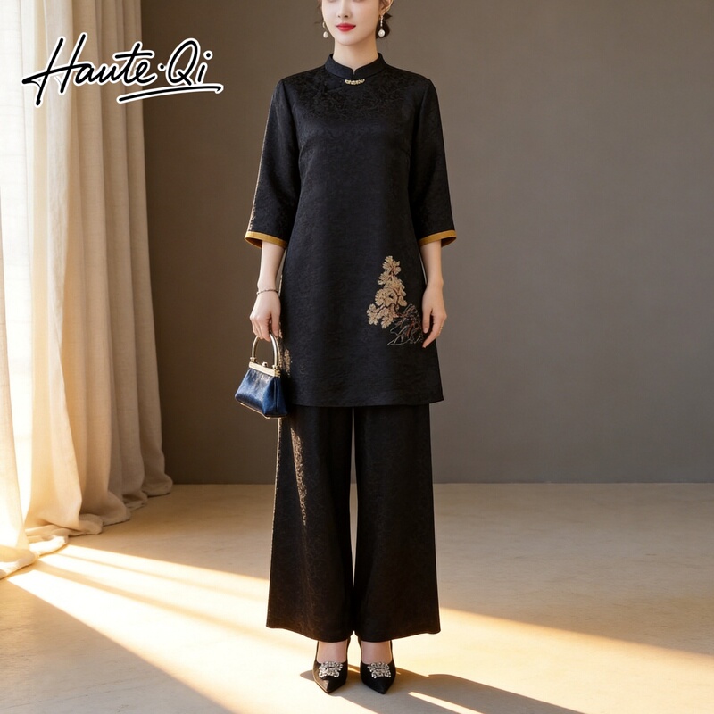 Hauteqi Light Luxury Autumn New Style Chinese Style Cheongsam Set Silk Fragrant Cloud Yarn Wide-Leg Pants Two-Piece Set Hauteqi Light Luxury Autumn New Style Chinese Style Cheongsam Set Silk Fragrant Cloud Yarn Wide-Leg Pants Two-Piece Set