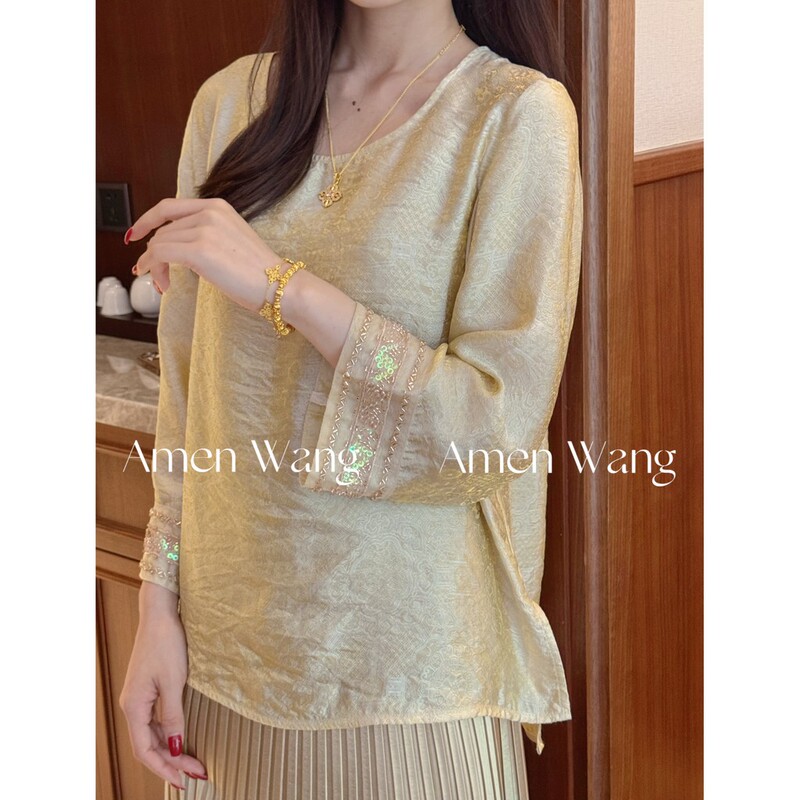 [Precious Pattern Shirt] Early Autumn Shimmering Brocade Beaded Blouse Top