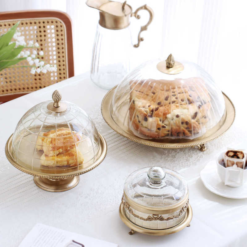 Indian Imported Brass Dessert Plate, Afternoon Tea Handmade Glass with Lid, French Light Luxury Fruit Storage Plate