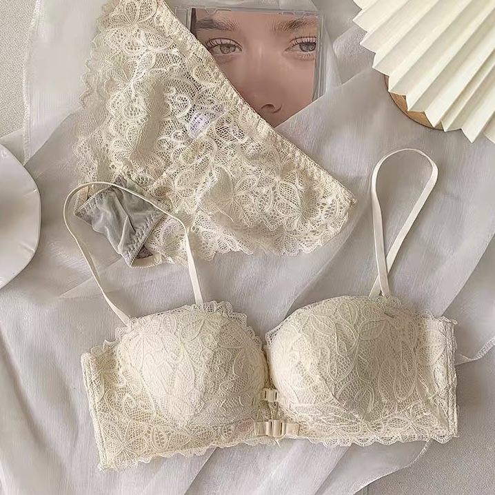 Front button lingerie woman small breasts gather flat breasts special sexy no steel ring explicit big lace beautiful back text bra suit