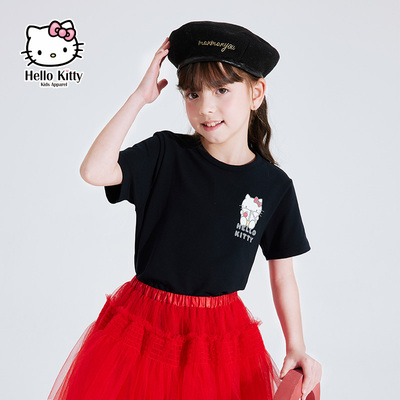 hellokitty品牌童装2023夏装女童儿童短袖T恤上衣大童夏季衣服