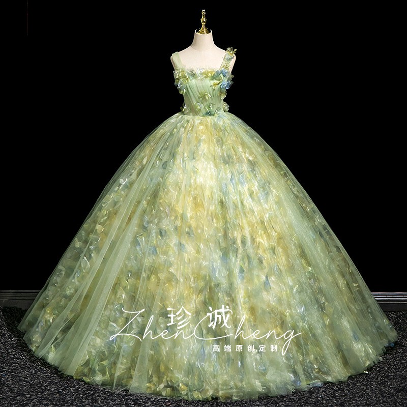 Green Evening Dress, High-End Forest Style, Vocal Performance, Flower Puffy Skirt, Coming-Of-Age Ceremony Host Dress, Niche