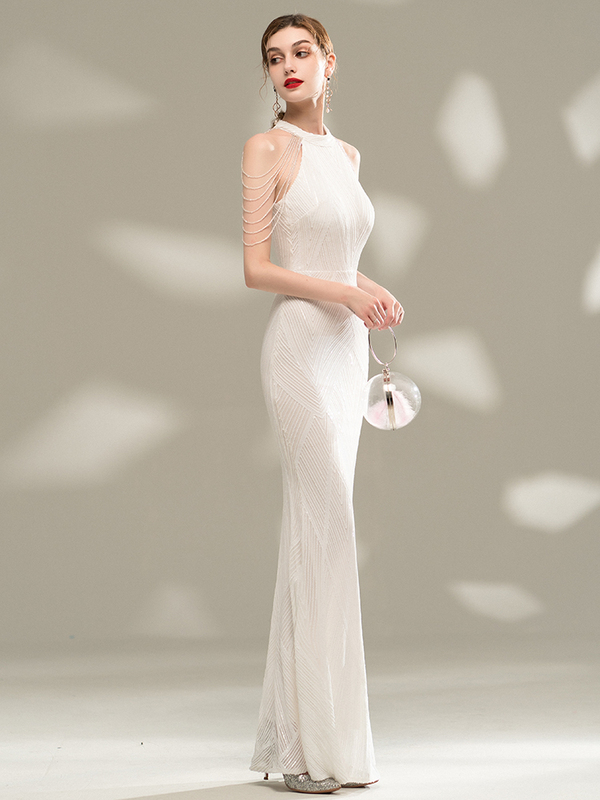 Half-Length White Evening Dress for Women, High-End, Elegant, Halter Neck, Host Banquet, Fishtail Long Dress