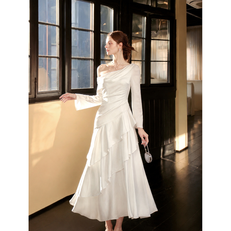 Gjfd【Not Related to Romance】French-Style White Satin Long-Sleeve Dress, Elegant and High-End Banquet Gown