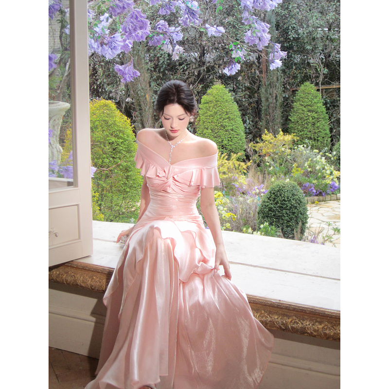 Good Job【Vitelia Manor】French-Style Pink Off-Shoulder Light Luxury Dress with Ruffled Fishtail Skirt
