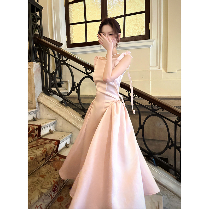 Good Job【Swan Lake】French Satin Pink Bow Waist-Cinching Dress Acetate Birthday Dress Good Job【Swan Lake】French Satin Pink Bow Waist-Cinching Dress Acetate Birthday Dress