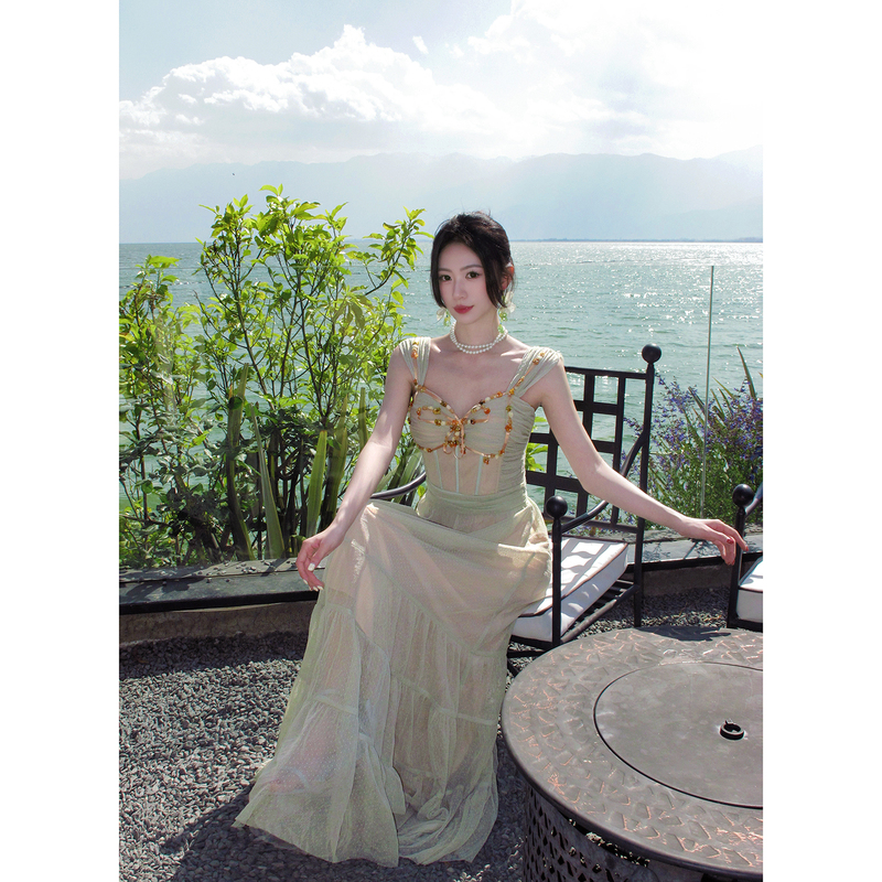 Good Job【Summer in Saint-Tropez】French-Style Green Spaghetti Strap Tulle Dress with a Unique Design, Long Dress