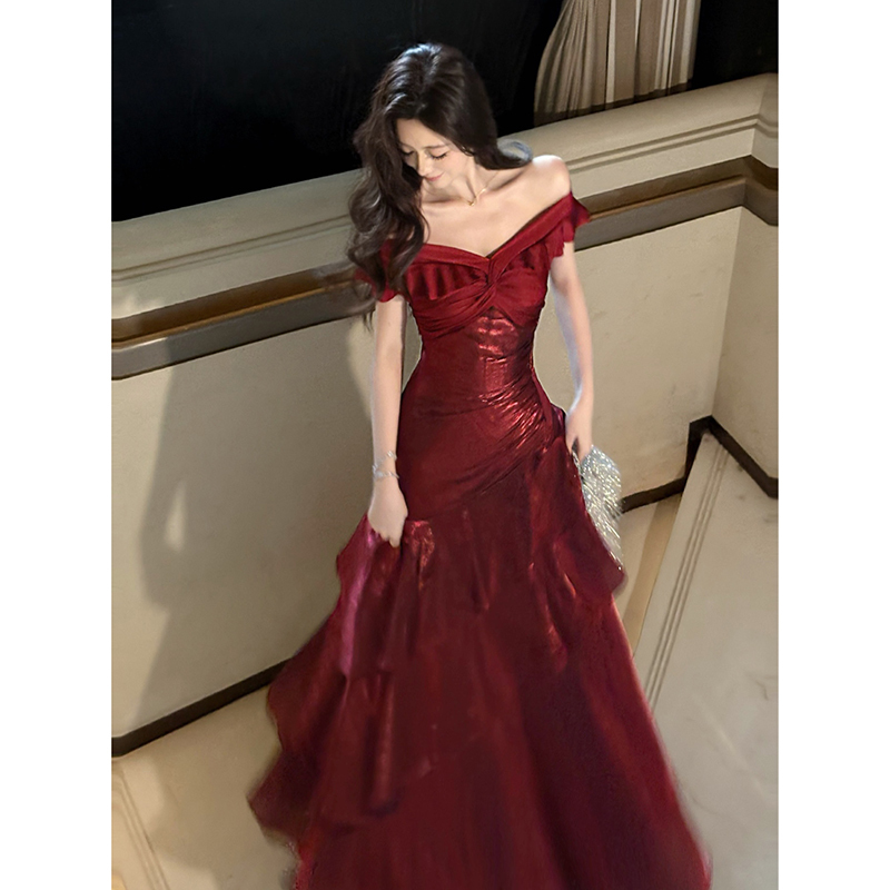 Good Job【Lucia Manor】French-Style Red Off-Shoulder Light Luxury Dress Summer Formal Dress Good Job【Lucia Manor】French-Style Red Off-Shoulder Light Luxury Dress Summer Formal Dress