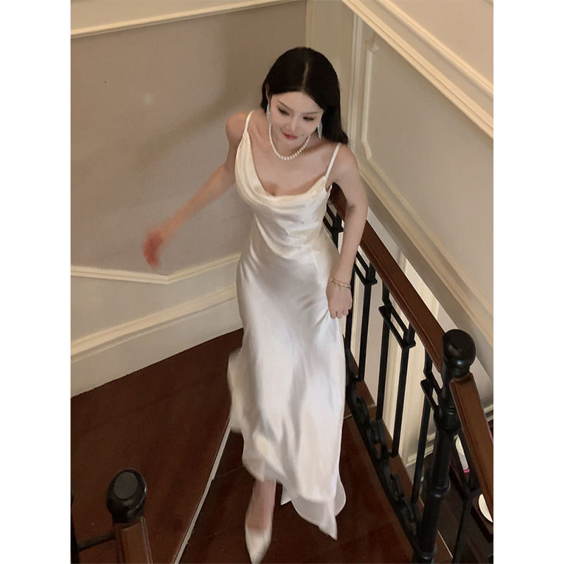 Good Job【White Camellia】French-Style Draped Collar Satin Dress, High-End Waist-Cinching, Elegant White Spaghetti Strap Long Dress Good Job【White Camellia】French-Style Draped Collar Satin Dress, High-End Waist-Cinching, Elegant White Spaghetti Strap Long Dress