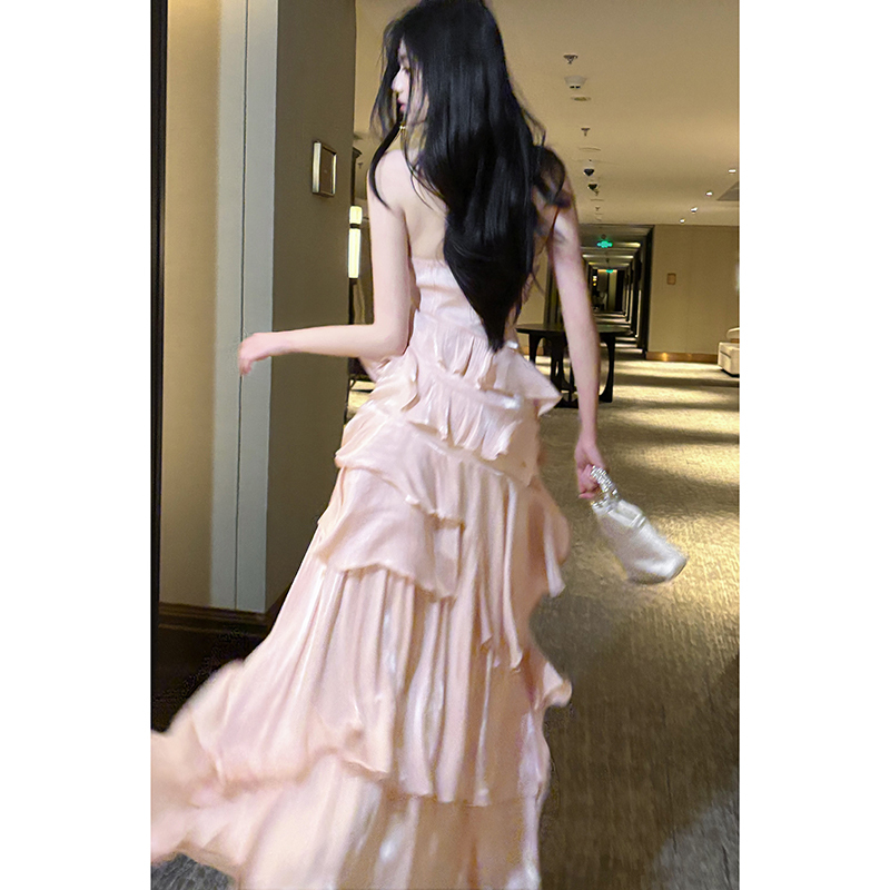 Good Job【Feili Xingxuan】French-Style Pink Halter Neck Ruffle Dress, Spaghetti Strap Long Dress Good Job【Feili Xingxuan】French-Style Pink Halter Neck Ruffle Dress, Spaghetti Strap Long Dress