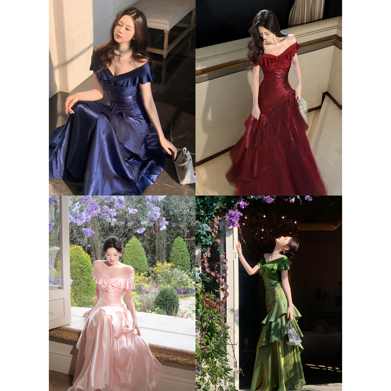 Gjfd【Tuileries Series】French-Style Off-Shoulder Elegant Dress Autumn Niche Coming-Of-Age Ceremony Fishtail Dress Gown