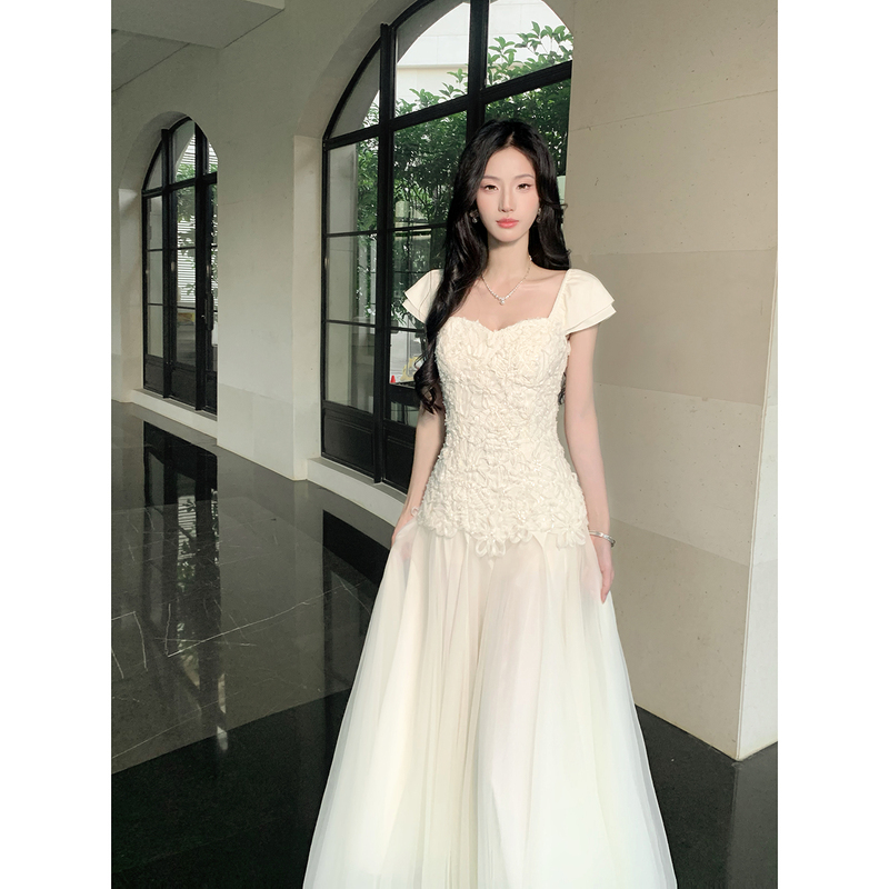 Gjfd【Watching the Clouds】French-Style White Heavy-Duty Short-Sleeved Dress for Women, Summer Patchwork Mesh Holiday Long Dress Gjfd【Watching the Clouds】French-Style White Heavy-Duty Short-Sleeved Dress for Women, Summer Patchwork Mesh Holiday Long Dress