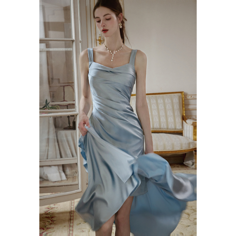 Gjfd【White Moon Tide】French Satin Blue Sleeveless Dress Women's Strapless Irregular Fishtail Dress Gown Gjfd【White Moon Tide】French Satin Blue Sleeveless Dress Women's Strapless Irregular Fishtail Dress Gown