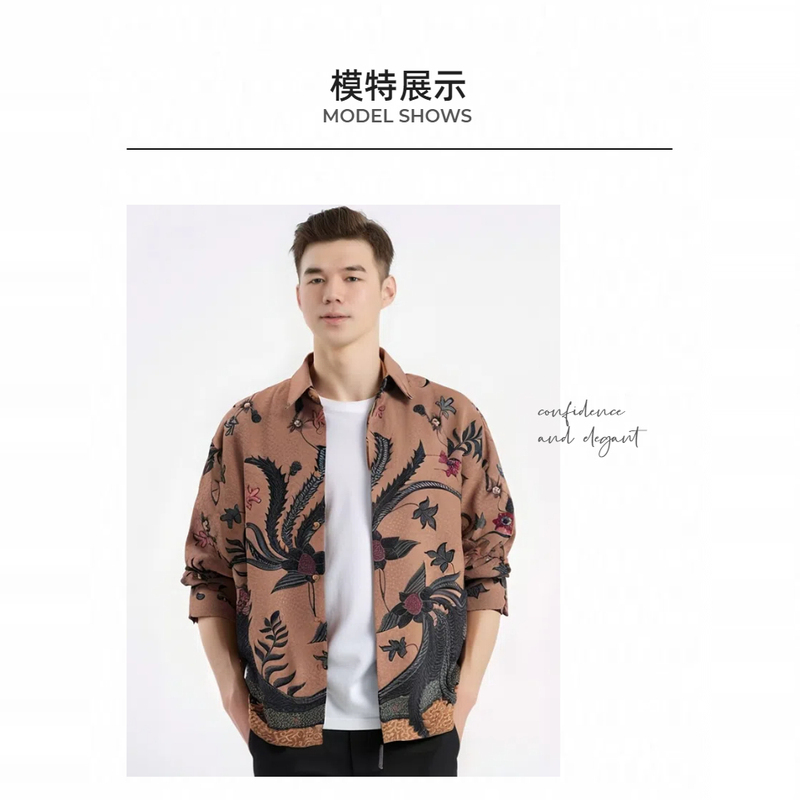 New Men's Long-Sleeved Floral Shirt Imported from Indonesia, Fashionable, Wrinkle-Free, Comfortable Sarong, Southeast Asian Style, Size 112-118