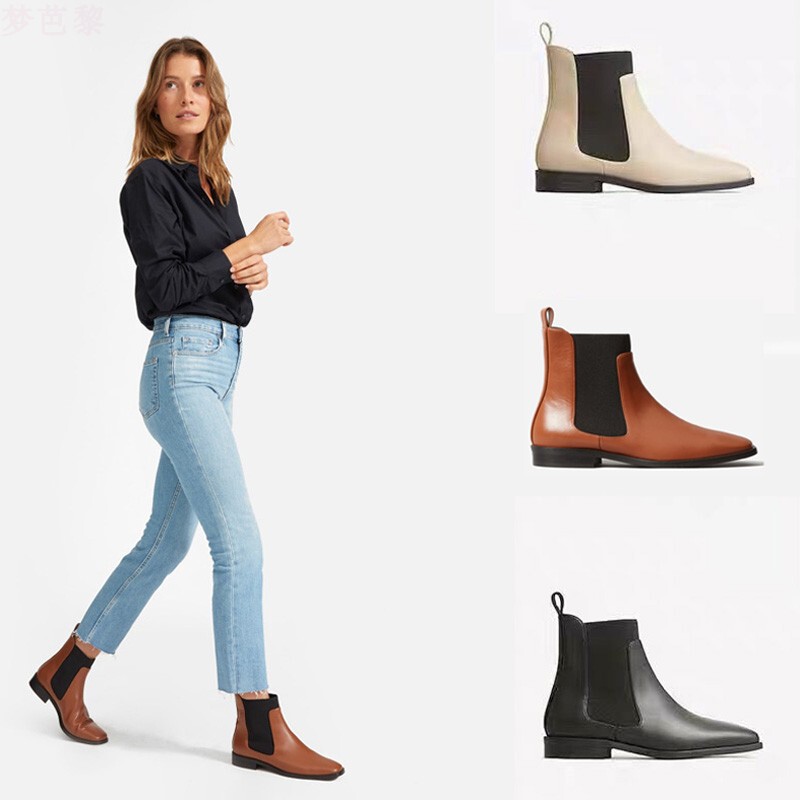 Everlane Italian Genuine Leather Square-Toe Low-Heeled Chelsea Boots for Women, Autumn and Winter Style, Slim Short Boots