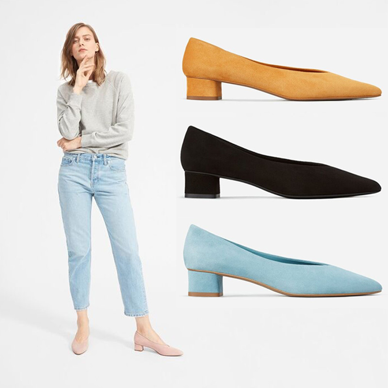 Everlane Leather Shoes, Retro Frosted Shallow Mid-Heel Granny Shoes, Spring and Summer Genuine Leather Pointed Toe Chunky Heel Versatile Single Shoes for Women