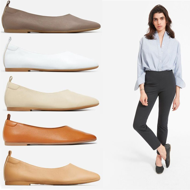 Everlane Style Round-Toe Genuine Leather Slip-On Loafers for Spring and Summer, Flat Slip-On Shoes for Women, Soft Leather Granny Shoes