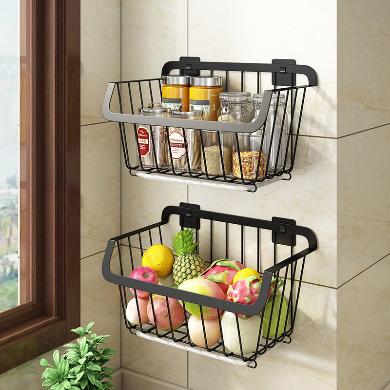 Kitchen vegetable basket shelf free punching wall hanging vegetable storage shelf fruit and vegetable basket shelf fruit drain storage basket