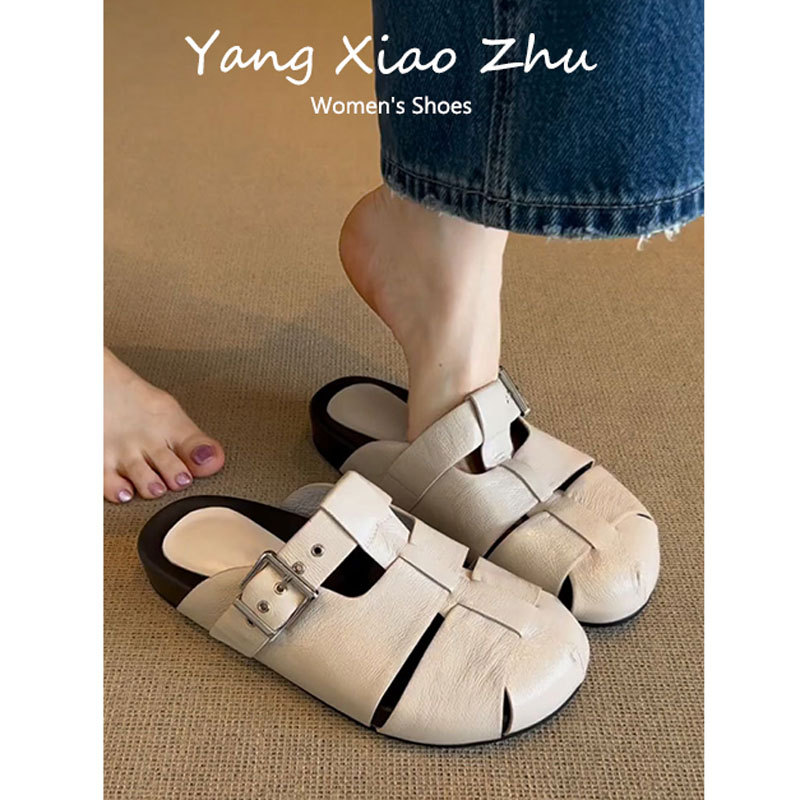 Sheepskin Version~ French-Style Woven Thick-Soled Slip-On Sandals for Women, Summer Outdoor Wear, Vintage Genuine Leather Versatile Closed-Toe Half-Slippers