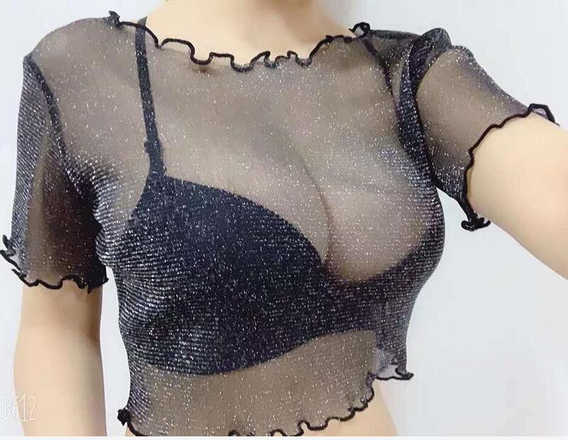 Half-Sheer Mesh Undershirt for Women, Short-Sleeved Gauze Top, 2019 Shiny Sheer Lace Trim, Short Thin Top for Layering