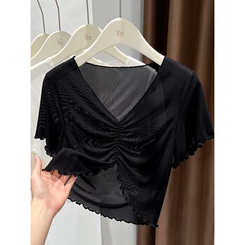 ເສື້ອຍືດແຂນສັ້ນ ice silk mesh v-neck for women 2025 new transparent tulle pleated slim short fungus top summer