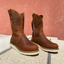 Classic round toe oily crazy horse leather western cowboy boots motorcycle boots flat toe cowhide lightweight European and American Mongolian boots