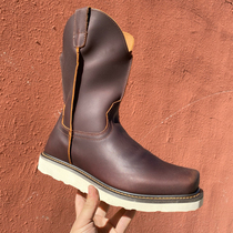 Square-toe waxed leather western cowboy boots European American American khaki Goodyear motorcycle boots cowhide riding boots