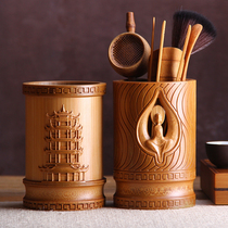 Solid wood relief tea ceremony six gentlemen set Bamboo Kung Fu tea set Accessories combination Tea tea clip Teaspoon storage pen holder