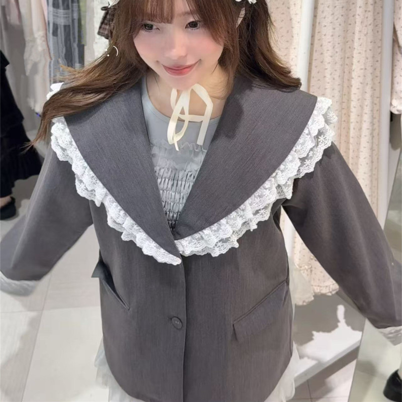 Japanese Style 2026 Autumn New Sailor Collar Navy Collar Lace Trim Side Slit Blazer Suit Jacket Women's Clothing