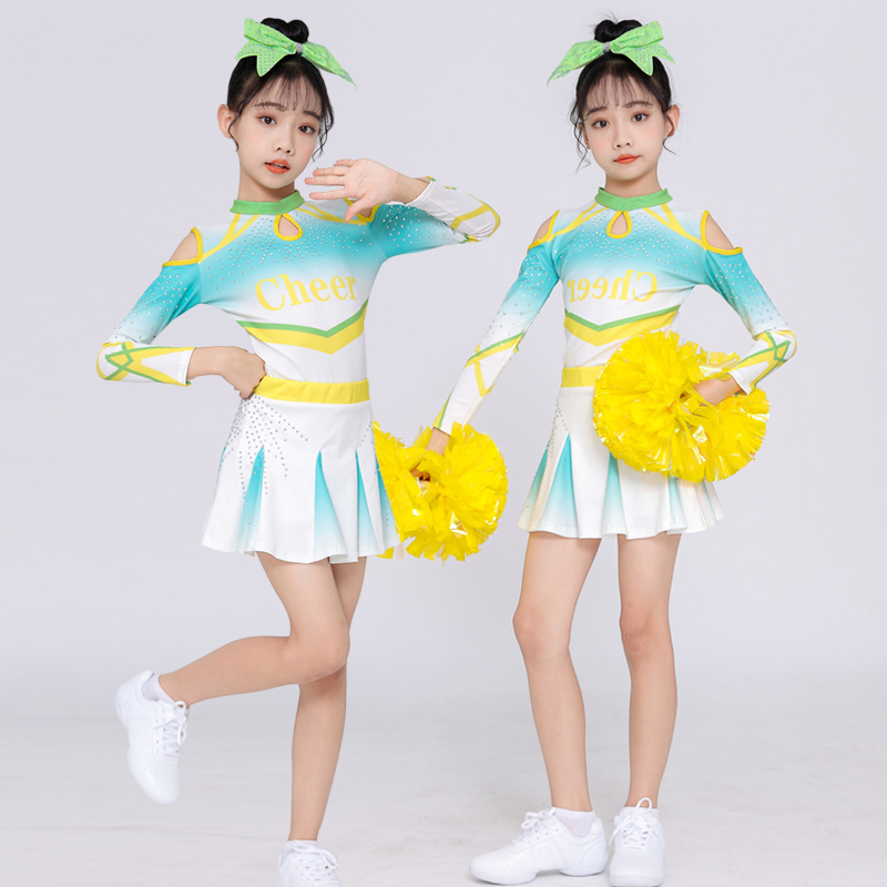 子供用チアリーディングパフォーマンス服 長袖 女の子用チアリーディング競技服 小中学生 運動会 団体体操服