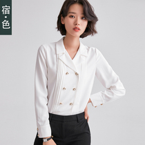 The color white shirt Womens Spring and Autumn new double-breasted fashion chiffon shirt Korean version design sense shirt top