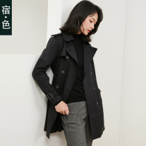 Sue black windbreaker womens long spring and autumn slim temperament Korean version of small man short double-breasted thick coat