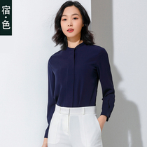 The color chiffon collarless shirt womens long sleeve spring dress new round neck fashion temperament jacket Han Fan Shirt
