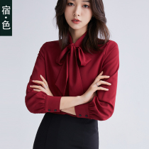 Long-sleeved shirt Womens neckline bow bow spring and autumn ribbon chiffon shirt top professional fashion red shirt
