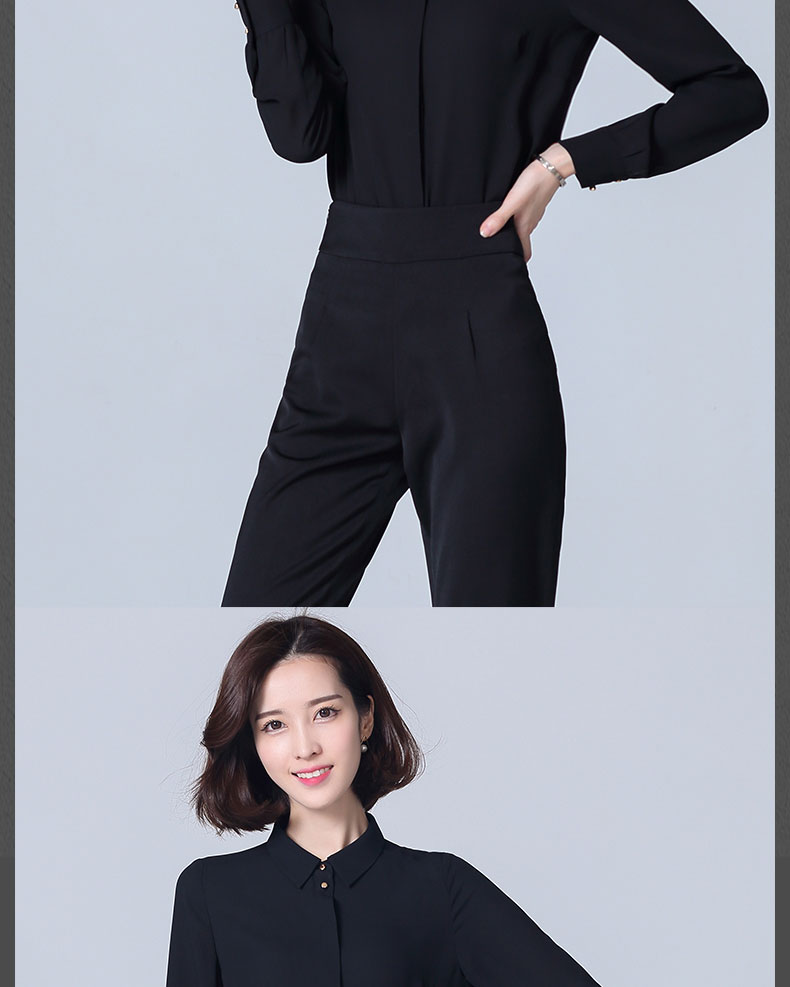 Áo sơ mi nữ màu đen mùa xuân và mùa thu mới chuyên nghiệp áo voan dài tay áo sơ mi Han Fan màu rắn kiểu áo sơ mi nữ