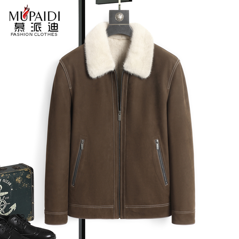 【Suede Cowhide】Men's Genuine Leather Jacket, Short Matte Suede Coat with Full Mink Fur Lining