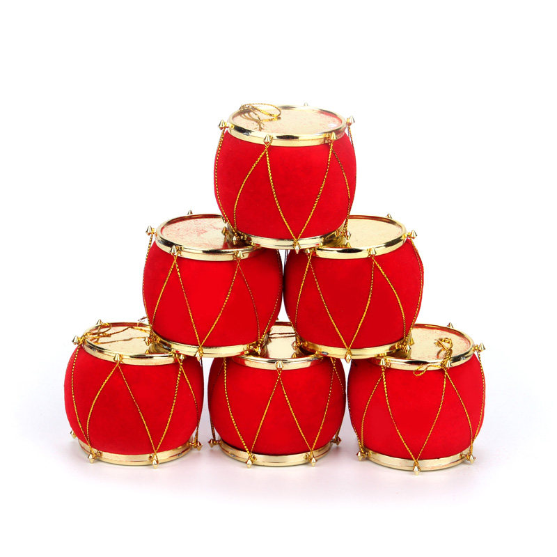 Christmas decorations red small drum pendant suede gold thread Mini emulation small red drum hanging decoration Christmas tree decorations