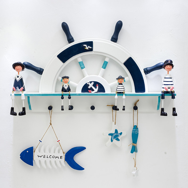 Mediterranean style wooden semi-rudder hanging hook cap hanging creative ocean home background wall hanging decoration