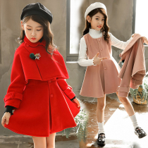 Girls red wool coat woolen coat autumn 2021 New Autumn Winter children tweed foreign atmosphere Princess thickened