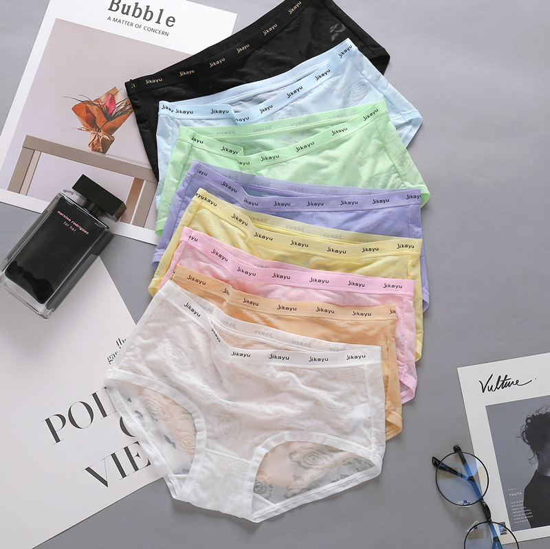 High-Waisted Underwear for Women, Summer Lace Seamless Thin Mid-Waist Ice Silk Transparent Sexy Pure Cotton Large Size Low-Waist Briefs
